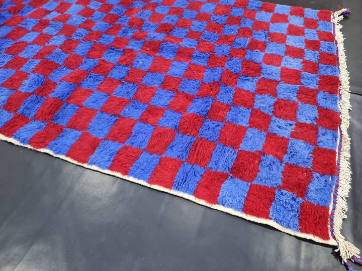 BEAUTIFUL BENIOURAIN RUG, Moroccan Handmade Rug, Vivid Red and Blue Rug, Sheep Wool Rug, Berber Rug, Bright Checker Rug,Berber Handwoven Rug