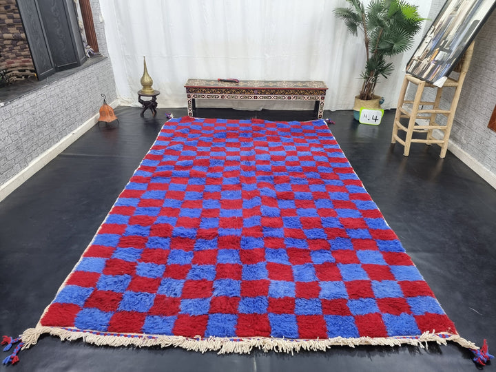 BEAUTIFUL BENIOURAIN RUG, Moroccan Handmade Rug, Vivid Red and Blue Rug, Sheep Wool Rug, Berber Rug, Bright Checker Rug,Berber Handwoven Rug