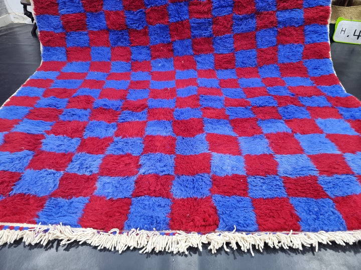 BEAUTIFUL BENIOURAIN RUG, Moroccan Handmade Rug, Vivid Red and Blue Rug, Sheep Wool Rug, Berber Rug, Bright Checker Rug,Berber Handwoven Rug