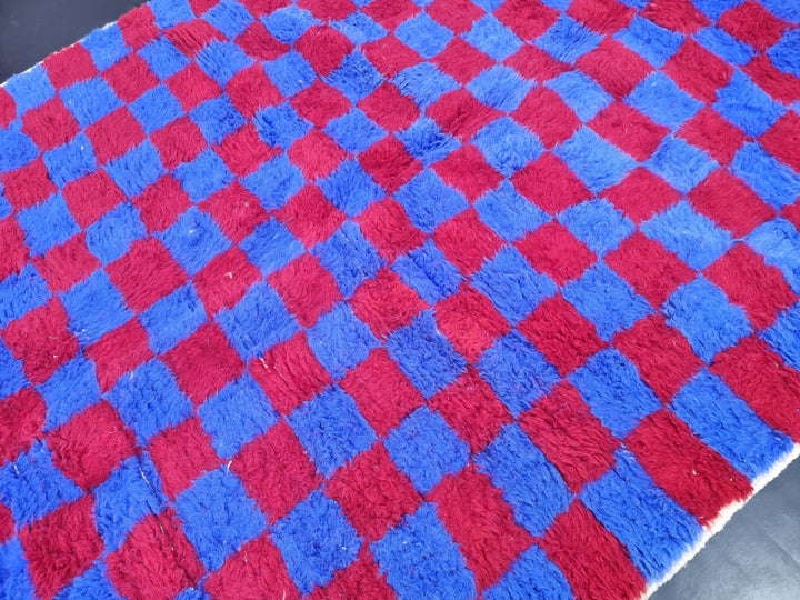 BEAUTIFUL BENIOURAIN RUG, Moroccan Handmade Rug, Vivid Red and Blue Rug, Sheep Wool Rug, Berber Rug, Bright Checker Rug,Berber Handwoven Rug