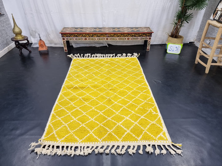 STUNNING BENIOURAIN RUG, Moroccan Handmade Carpet, Yellow And White Rug, Berber Wool Rug, Berber Rug, Geometric Rug,Berber Handwoven Carpet