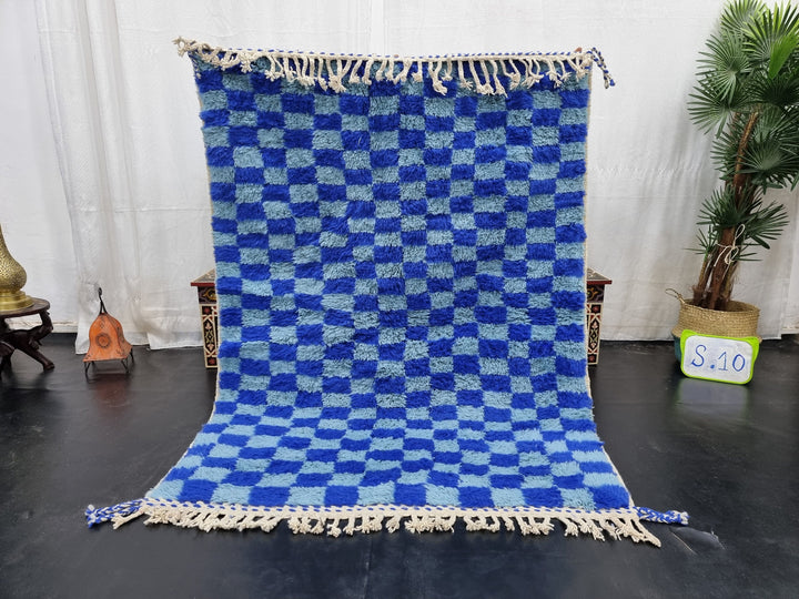 AMAZING BENIOURAIN RUG, Moroccan Handmade Carpet, Light Blue and Blue Rug, Berber Wool Rug, Berber Rug, Checkered Rug,Berber Handwoven Rug