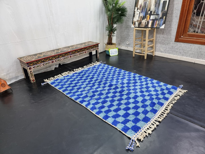 AMAZING BENIOURAIN RUG, Moroccan Handmade Carpet, Light Blue and Blue Rug, Berber Wool Rug, Berber Rug, Checkered Rug,Berber Handwoven Rug