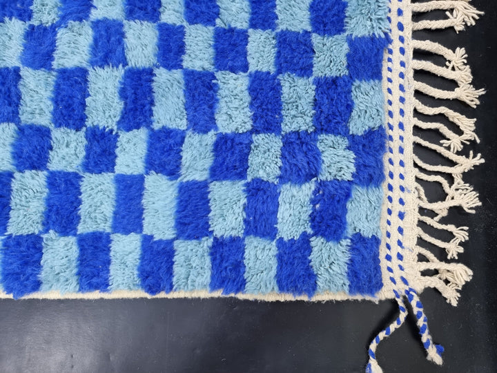 AMAZING BENIOURAIN RUG, Moroccan Handmade Carpet, Light Blue and Blue Rug, Berber Wool Rug, Berber Rug, Checkered Rug,Berber Handwoven Rug