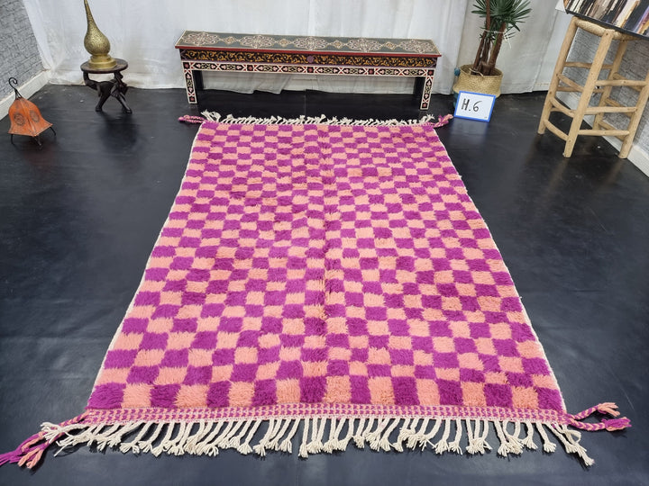 STUNNING MOROCCAN RUG ,Beni Ourain Rug , Magenta And Faded Orange Handmade WoolRug,Berber Rug, Checkered Rug, Azilal Rug, Handwoven Rug