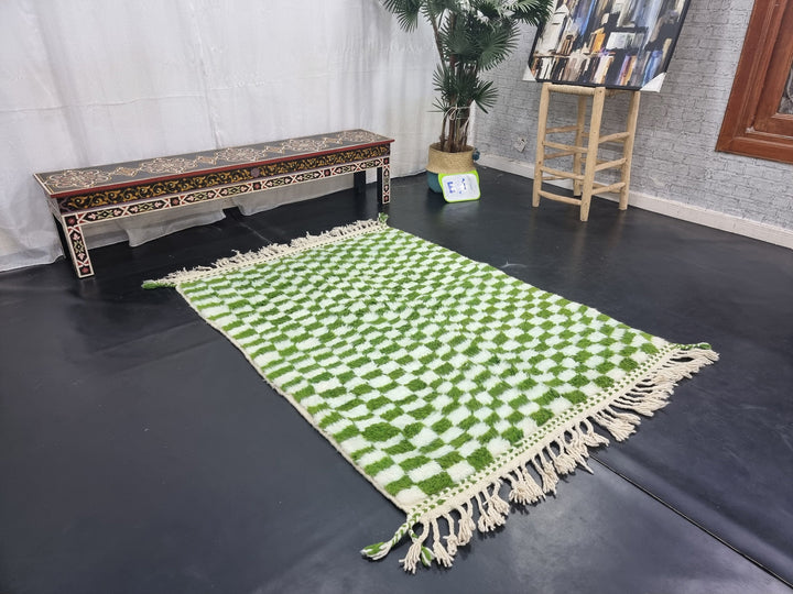 BEAUTIFUL BENIOURAIN RUG, Moroccan Handmade Carpet,Pear Green and White Rug, Berber Wool Rug, Berber Rug, Checkered Rug,Berber Handwoven Rug