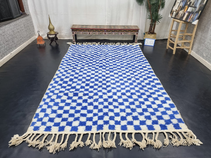 BEAUTIFUL BENIOURAIN Rug, Moroccan Rug , Blue And White Rug, Checkered Rug, Handmade Wool Rug, Azilal Rug, Handwoven Rug, Berber Wool Rug