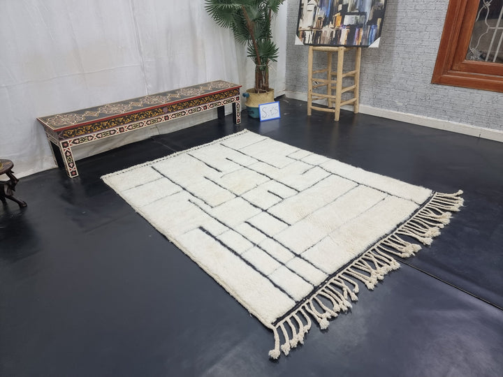 GORGEOUS BENIOURAIN RUG, Moroccan Handmade Rug , White And Black Rug, Striped Rug, Handmade Wool Carpet, Azilal Rug, Handwoven Berber Rug