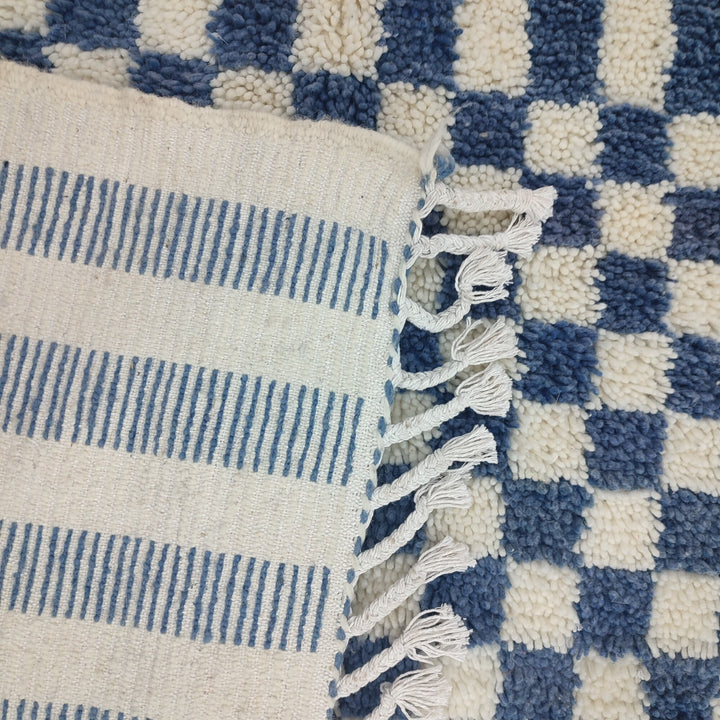 . .feet Moroccan Berber shaggy rug  Blue and white Wool Checkered rug , Handwoven checkered rug