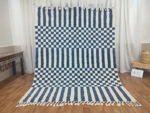 . .feet Moroccan Berber shaggy rug  Blue and white Wool Checkered rug , Handwoven checkered rug