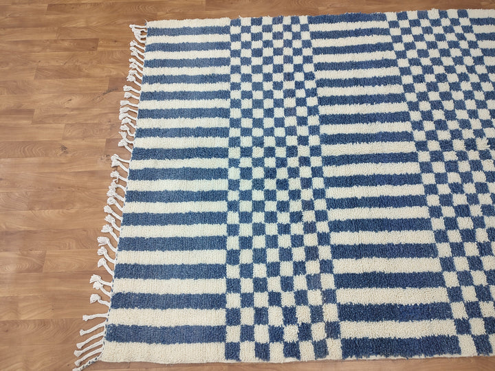 . .feet Moroccan Berber shaggy rug  Blue and white Wool Checkered rug , Handwoven checkered rug