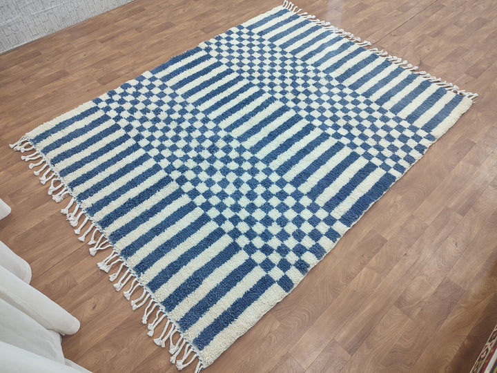 . .feet Moroccan Berber shaggy rug  Blue and white Wool Checkered rug , Handwoven checkered rug