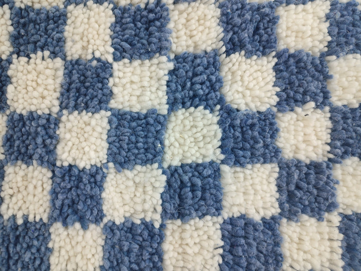 . .feet Moroccan Berber shaggy rug  Blue and white Wool Checkered rug , Handwoven checkered rug