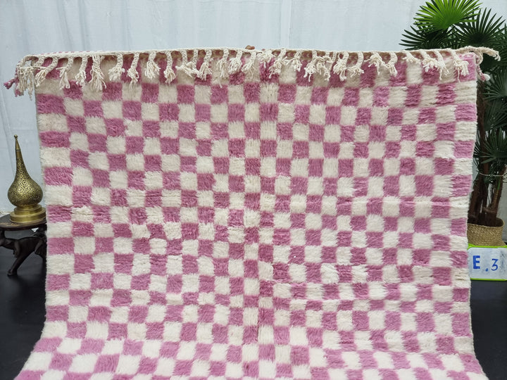 GORGEOUS BENIOURAIN RUG, Moroccan Handmade Carpet, Pink and White Rug, Berber Wool Rug, Berber Rug, Checkered Rug,Berber Handwoven Carpet