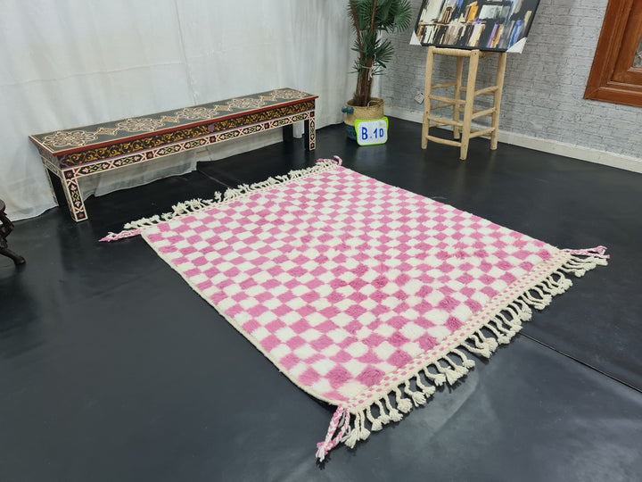 GORGEOUS BENIOURAIN RUG, Moroccan Handmade Carpet, Pink And White Rug, Berber Wool Rug, Berber Rug, Checkered Rug,Berber Wool Handwoven Rug