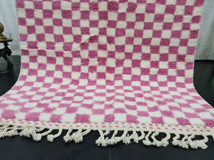 GORGEOUS BENIOURAIN RUG, Moroccan Handmade Carpet, Pink And White Rug, Berber Wool Rug, Berber Rug, Checkered Rug,Berber Wool Handwoven Rug