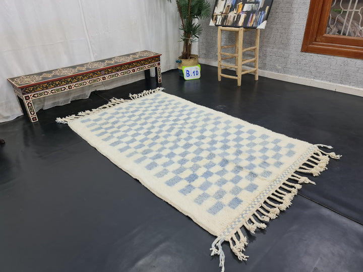 BEAUTIFUL BENIOURAIN RUG, Moroccan Handmade Carpet, Light Blue And White Rug, Berber Wool Rug, Berber Rug,Checkered Rug,Berber Handwoven Rug