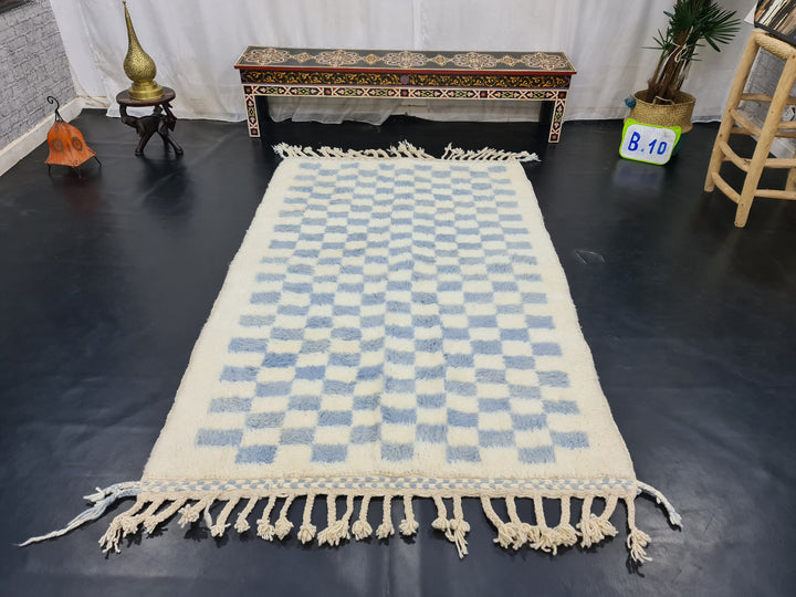 BEAUTIFUL BENIOURAIN RUG, Moroccan Handmade Carpet, Light Blue And White Rug, Berber Wool Rug, Berber Rug,Checkered Rug,Berber Handwoven Rug