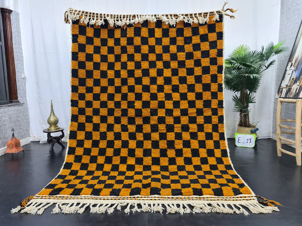 STUNNING BENIOURAIN RUG, Moroccan Handmade Carpet, Orange And Black Rug, Berber Wool Rug, Berber Rug, Checkered Rug,Berber Handwoven Carpet