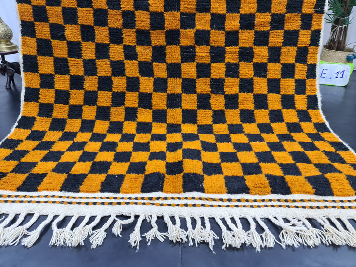 STUNNING BENIOURAIN RUG, Moroccan Handmade Carpet, Orange And Black Rug, Berber Wool Rug, Berber Rug, Checkered Rug,Berber Handwoven Carpet