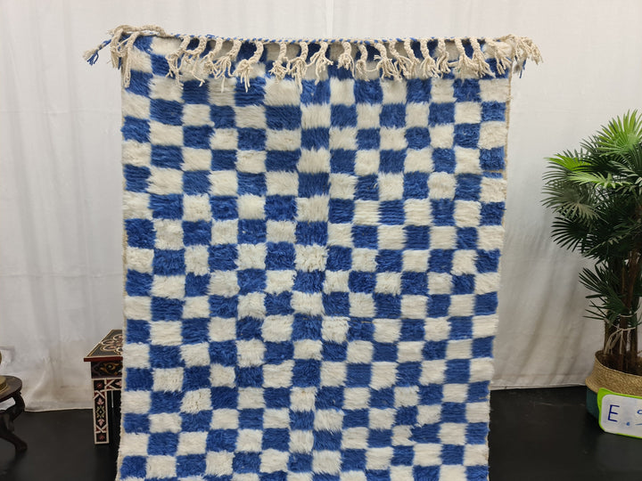 BEAUTIFUL BENIOURAIN RUG, Moroccan Handmade Carpet, Blue And White Rug, Berber Wool Rug, Berber Rug, Checkered Rug,Berber Handwoven Carpet .