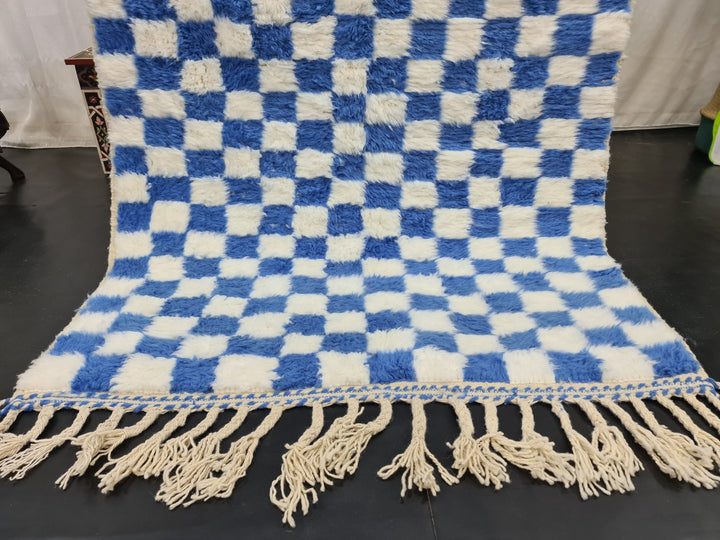 BEAUTIFUL BENIOURAIN RUG, Moroccan Handmade Carpet, Blue And White Rug, Berber Wool Rug, Berber Rug, Checkered Rug,Berber Handwoven Carpet .