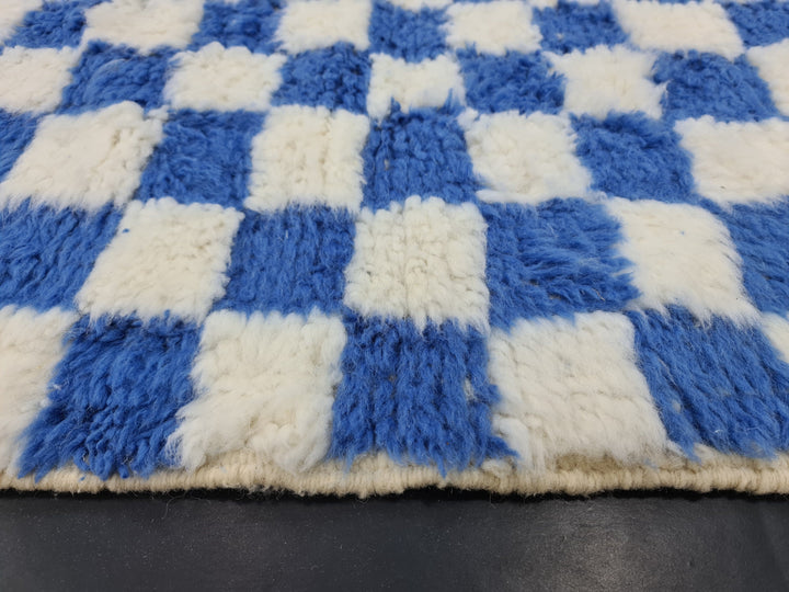 BEAUTIFUL BENIOURAIN RUG, Moroccan Handmade Carpet, Blue And White Rug, Berber Wool Rug, Berber Rug, Checkered Rug,Berber Handwoven Carpet .