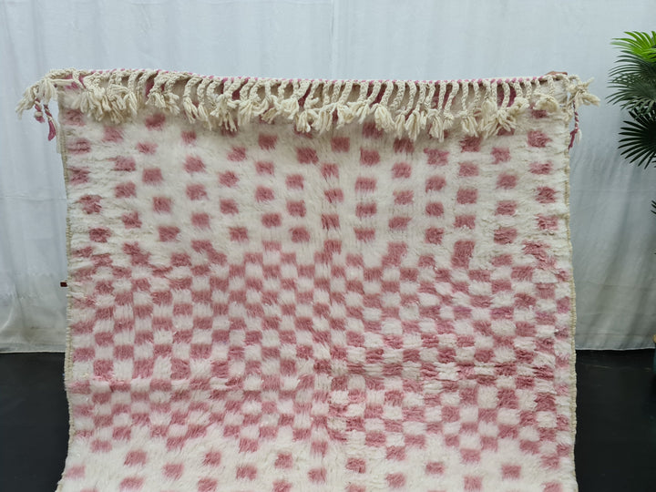 UNIQUE BENIOURAIN RUG, Moroccan Handmade Carpet, Faded Pink And White Rug, Berber Wool Rug, Berber Rug,Checkered Rug,Berber Handwoven Carpet