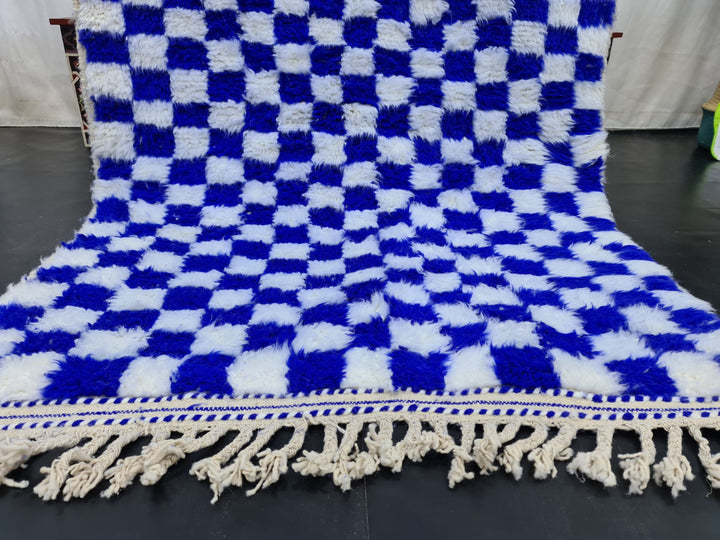 WONDERFUL BENIOURAIN RUG, Moroccan Rug , Moroccan Handmade Carpet,Royal Blue And White Rug, Berber Wool Rug, Berber Rug, Checkered Rug