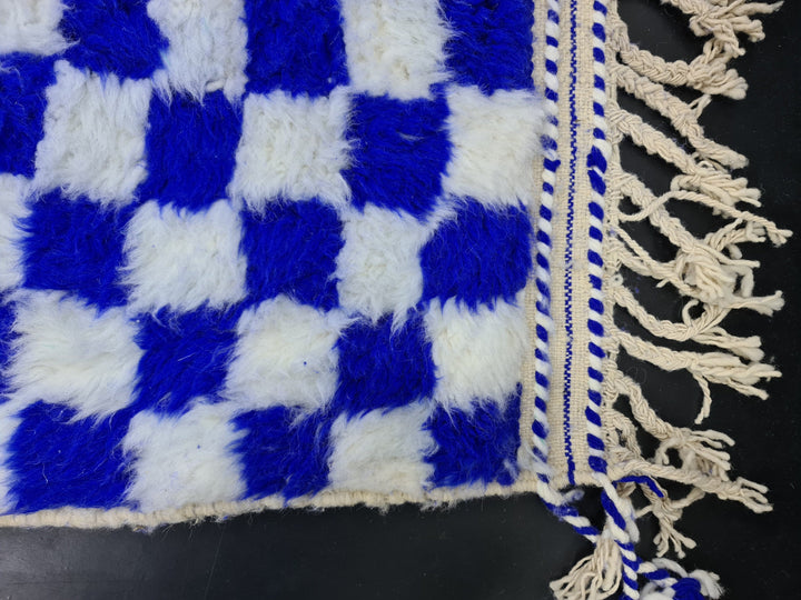 WONDERFUL BENIOURAIN RUG, Moroccan Rug , Moroccan Handmade Carpet,Royal Blue And White Rug, Berber Wool Rug, Berber Rug, Checkered Rug