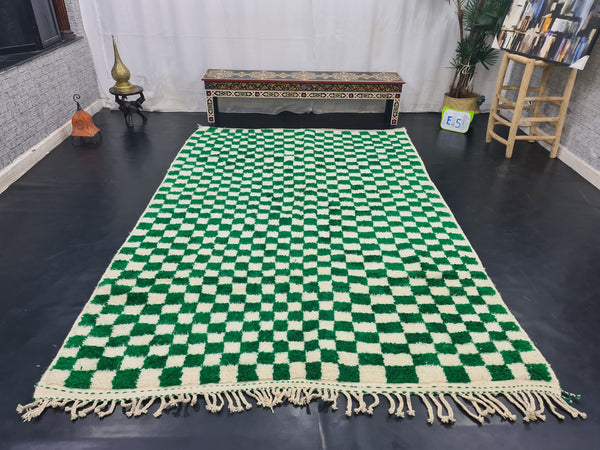 AMAZING BENIOURAIN RUG, Handmade Carpet, Moroccan Rug , Dark Green And White Rug, Berber Rug, Checkered Wool Rug,Azilal Rug,Handwoven Rug