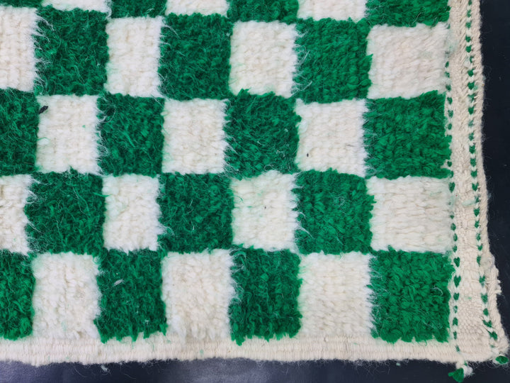 AMAZING BENIOURAIN RUG, Handmade Carpet, Moroccan Rug , Dark Green And White Rug, Berber Rug, Checkered Wool Rug,Azilal Rug,Handwoven Rug