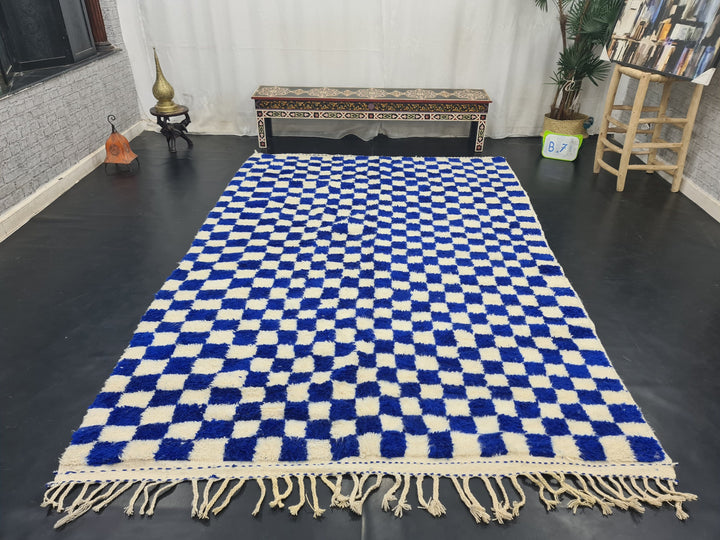 WONDERFUL BENIOURAIN RUG, Moroccan Handmade Carpet , Royal Blue and White Rug,Berber Wool Rug, Checkered Rug, Azilal Berber Handwoven Rug