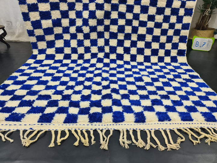 WONDERFUL BENIOURAIN RUG, Moroccan Handmade Carpet , Royal Blue and White Rug,Berber Wool Rug, Checkered Rug, Azilal Berber Handwoven Rug