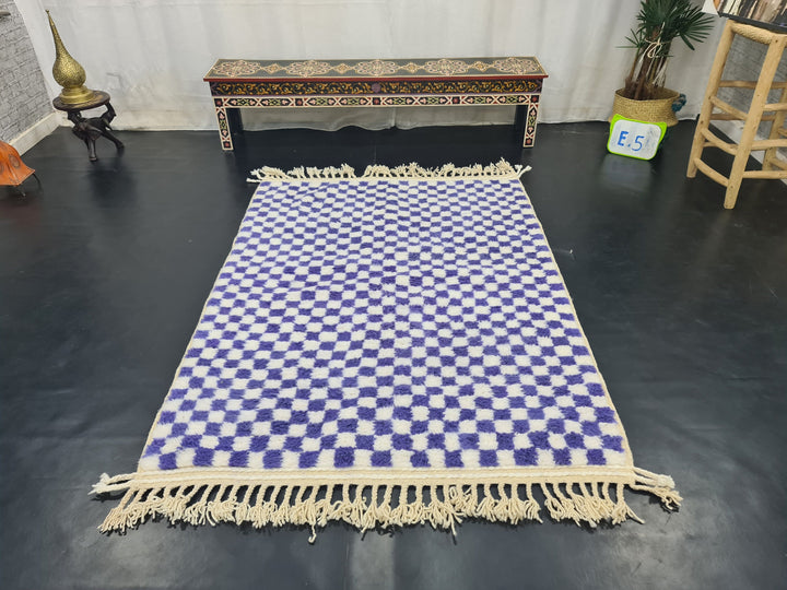 UNIQUE BENIOURAIN RUG, Moroccan Handmade Carpet , Purple and White Rug, Berber Wool Rug, Berber Rug, Checkered Rug,Berber Handwoven Rug