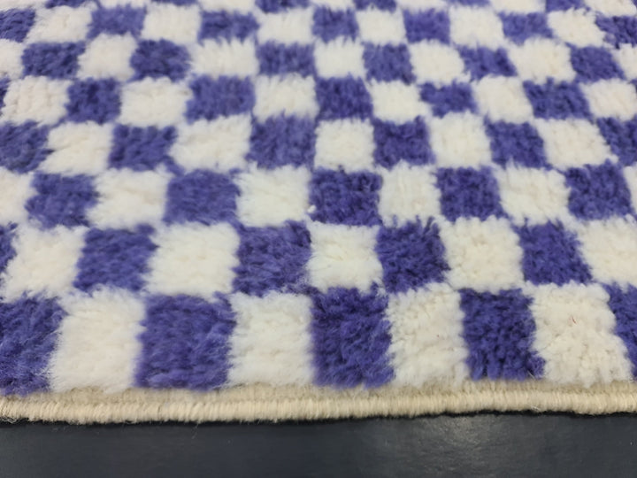 UNIQUE BENIOURAIN RUG, Moroccan Handmade Carpet , Purple and White Rug, Berber Wool Rug, Berber Rug, Checkered Rug,Berber Handwoven Rug