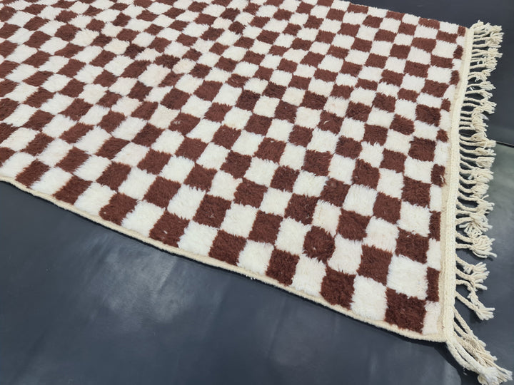 BEAUTIFUL BENIOURAIN RUG, Moroccan Handmade Carpet , Brown And White Rug, Berber Wool Rug, Berber Rug, Checkered Rug,Berber Handwoven Rug