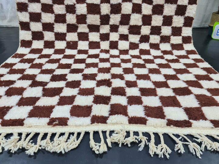 BEAUTIFUL BENIOURAIN RUG, Moroccan Handmade Carpet , Brown And White Rug, Berber Wool Rug, Berber Rug, Checkered Rug,Berber Handwoven Rug