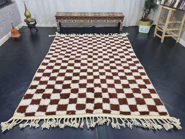 BEAUTIFUL BENIOURAIN RUG, Moroccan Handmade Carpet , Brown And White Rug, Berber Wool Rug, Berber Rug, Checkered Rug,Berber Handwoven Rug