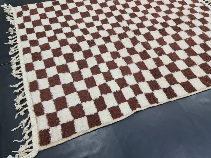 BEAUTIFUL BENIOURAIN RUG, Moroccan Handmade Carpet , Brown And White Rug, Berber Wool Rug, Berber Rug, Checkered Rug,Berber Handwoven Rug