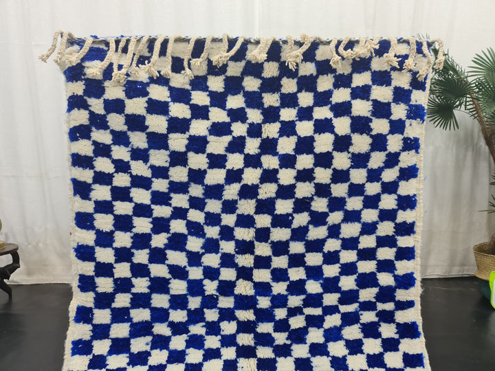 AMAZING BENIOURAIN CARPET, Check Rug, Berber Rug, Beniourain Carpet, Bright Blue Checker White Rug, Checkered Rug, Unique Handwoven Carpet.