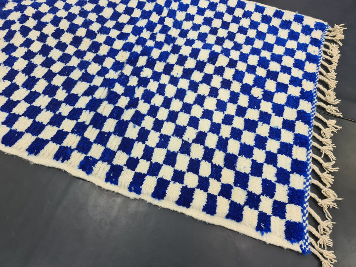 AMAZING BENIOURAIN CARPET, Check Rug, Berber Rug, Beniourain Carpet, Bright Blue Checker White Rug, Checkered Rug, Unique Handwoven Carpet.