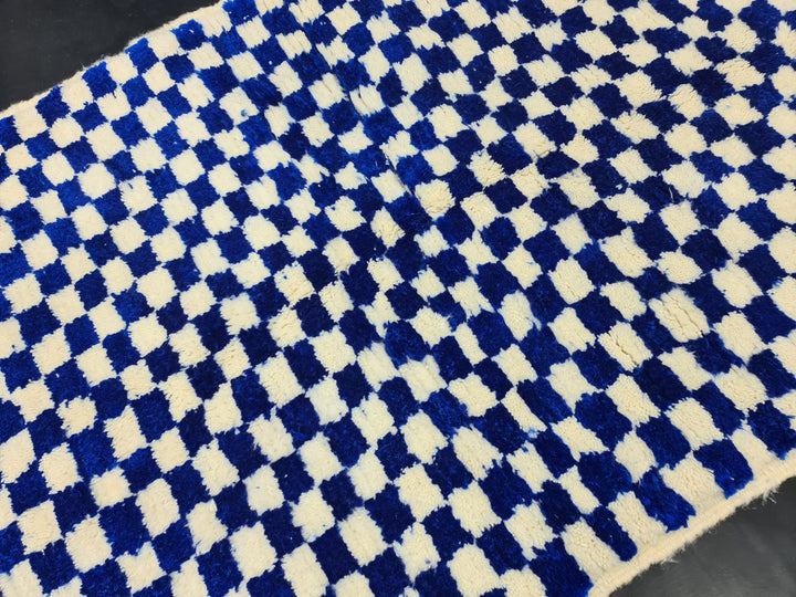 AMAZING BENIOURAIN CARPET, Check Rug, Berber Rug, Beniourain Carpet, Bright Blue Checker White Rug, Checkered Rug, Unique Handwoven Carpet.