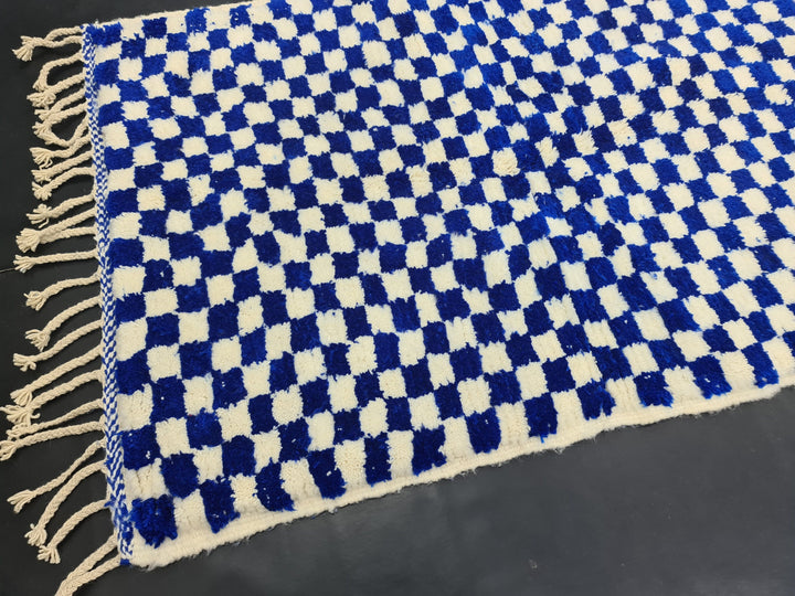 AMAZING BENIOURAIN CARPET, Check Rug, Berber Rug, Beniourain Carpet, Bright Blue Checker White Rug, Checkered Rug, Unique Handwoven Carpet.