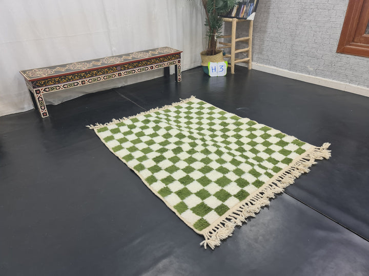 BEAUTIFUL BENIOURAIN RUG, Moroccan Handmade Carpet, White and Pine Green, Small CheckRug, Wool Rug, Berber Rug, Checkered Rug, Handwoven Rug