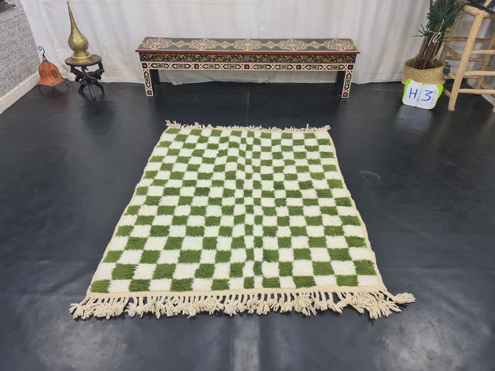 BEAUTIFUL BENIOURAIN RUG, Moroccan Handmade Carpet, White and Pine Green, Small CheckRug, Wool Rug, Berber Rug, Checkered Rug, Handwoven Rug