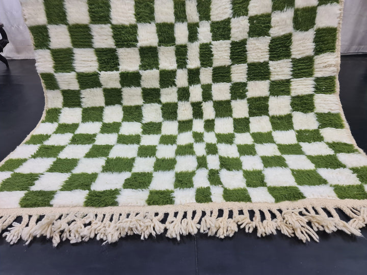 BEAUTIFUL BENIOURAIN RUG, Moroccan Handmade Carpet, White and Pine Green, Small CheckRug, Wool Rug, Berber Rug, Checkered Rug, Handwoven Rug