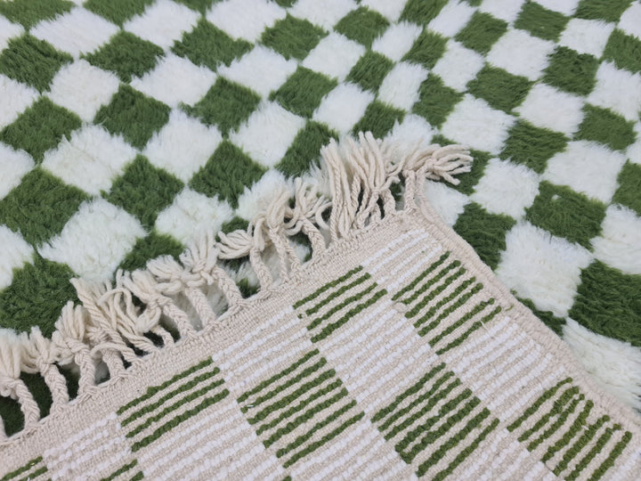 BEAUTIFUL BENIOURAIN RUG, Moroccan Handmade Carpet, White and Pine Green, Small CheckRug, Wool Rug, Berber Rug, Checkered Rug, Handwoven Rug