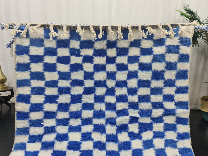 HANDMADE BENIOURAIN RUG, Moroccan Handwoven Carpet, White and Blue Rug, Authentic Berber Rug, Checkered Rug, Checker Wool Rug, Tapis berbere