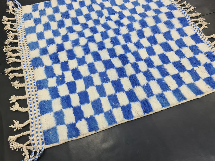 HANDMADE BENIOURAIN RUG, Moroccan Handwoven Carpet, White and Blue Rug, Authentic Berber Rug, Checkered Rug, Checker Wool Rug, Tapis berbere